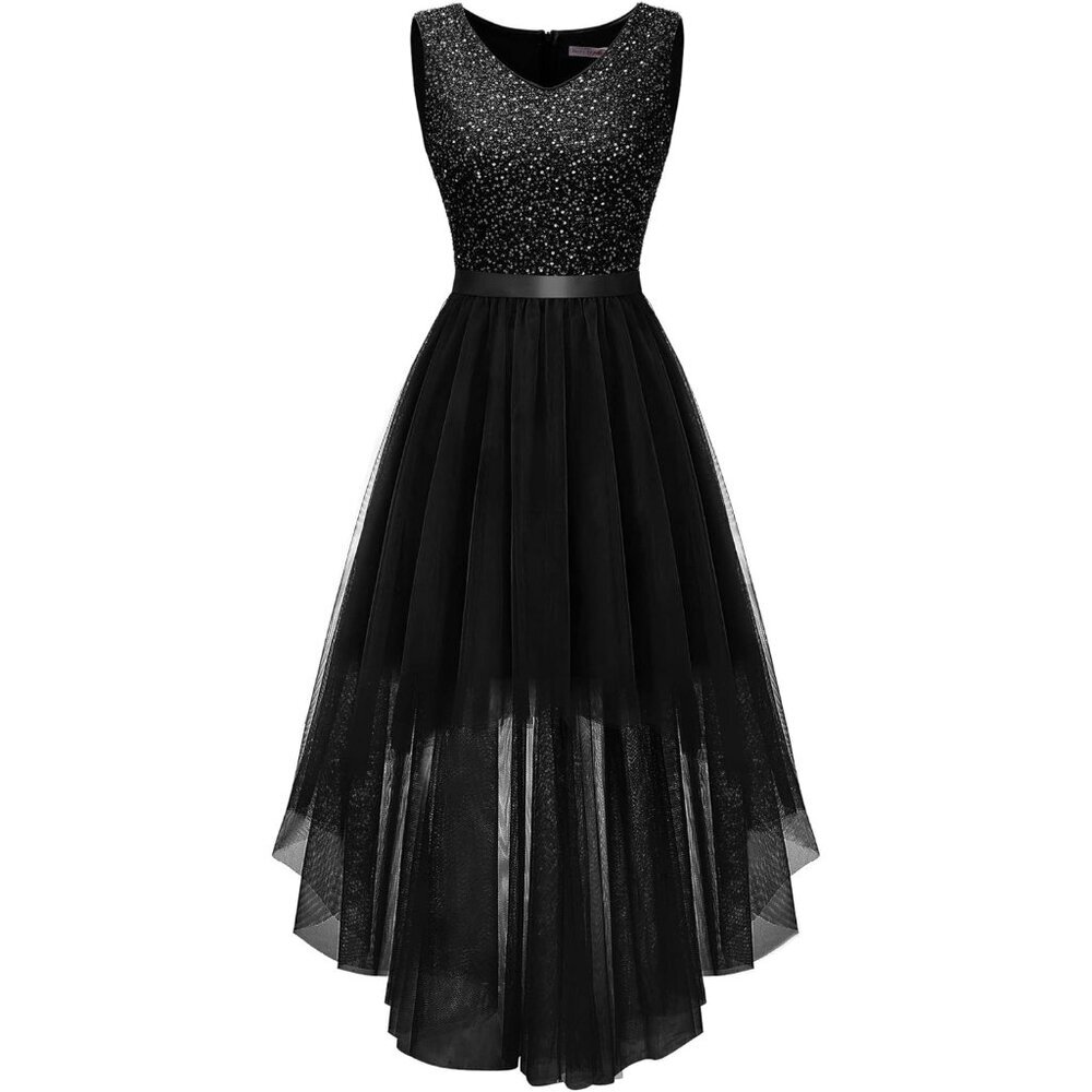 BeryLove Women Tulle Sequin Black Chiffon Scoop Neck Sleeveless Cocktail Dresses